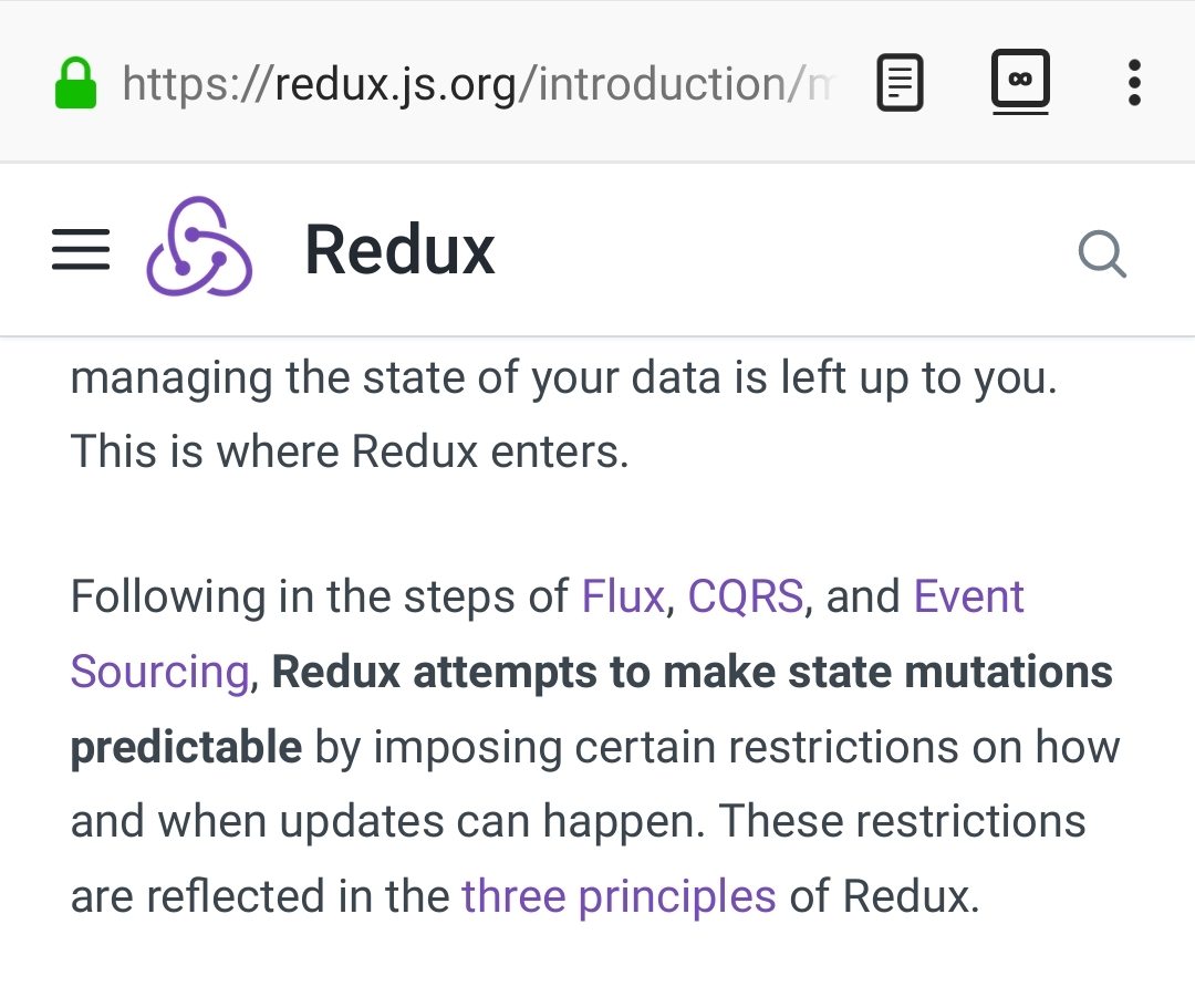 Скриншот официального сайта Redux о CQRS и Event Sourcing